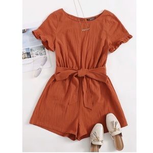 SHEIN Ruffle Trim Split Back Self Belted Romper